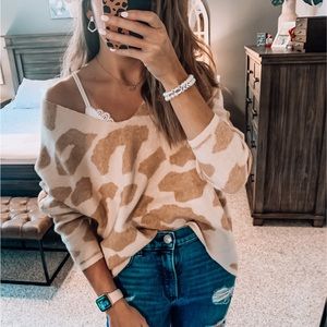 Pink Lily taupe print sweater off the shoulder size small